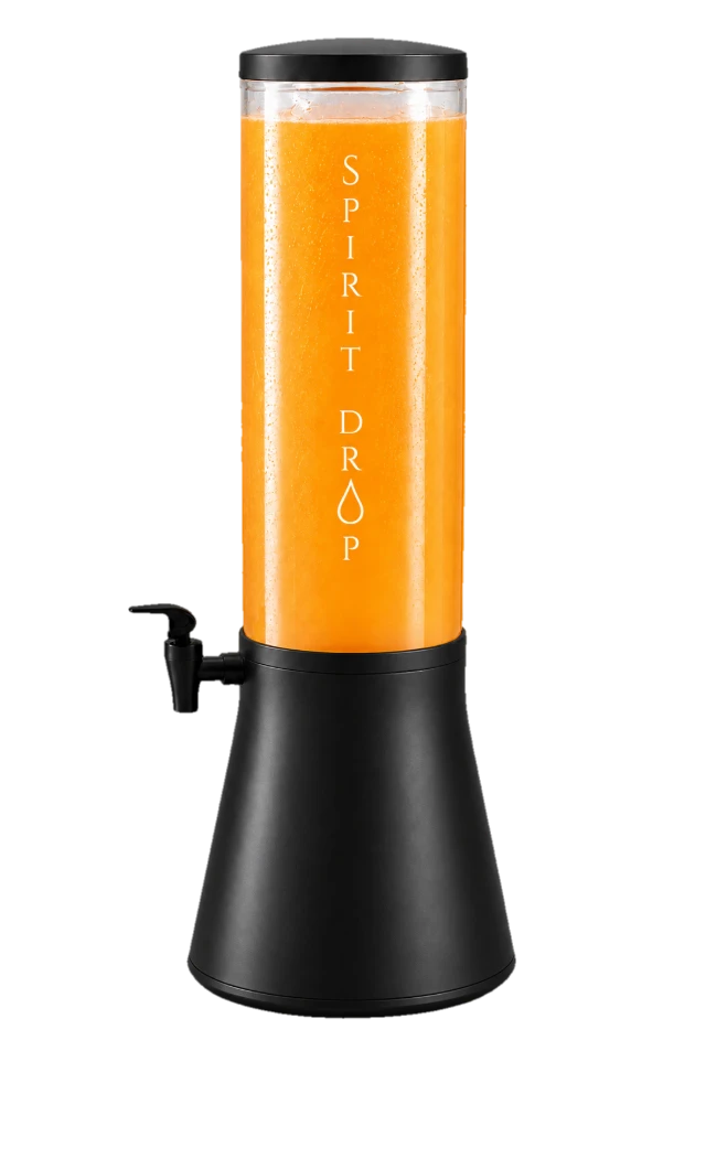 SpiritDrop cocktail dispenser filled with golden orange Tropical Sunset cocktail